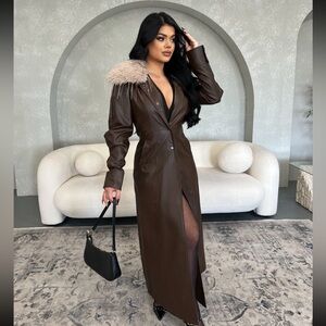 FAUX LEATHER WITH FUR COLLAR TRENCH COAT - BROWN